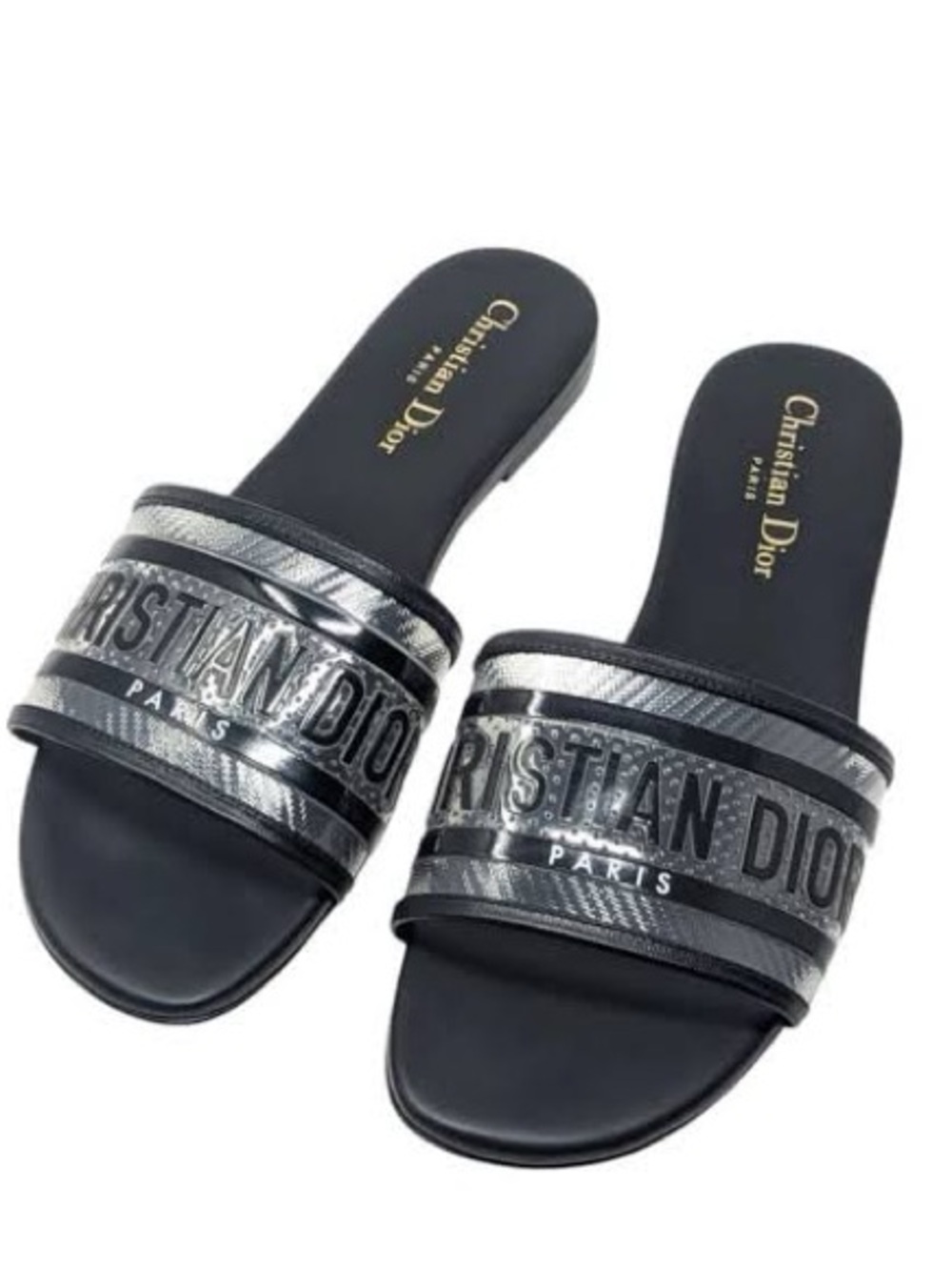 Dior DWay Black and Clear Christian Dior Logo Slide Sandals NEW 38.5 $1245